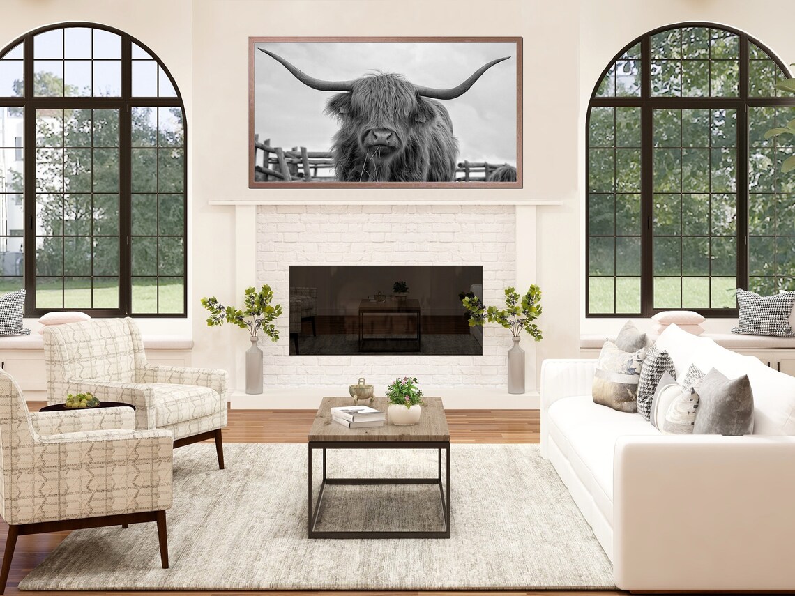 Highland Cow Black And White Long Horns Portrait Farmhouse Photo Print - Image 4