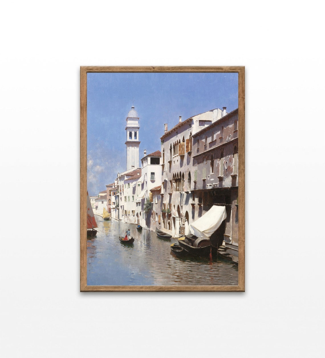 Venice Canal With Bell Tower Gondolas And Boats Sunny Day Art Poster