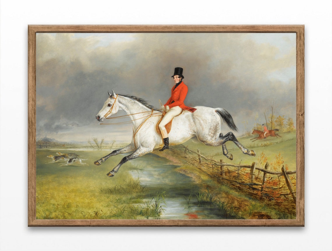 English Fox Hunter In Red Coat On Grey Horse Jumping Fence Oil Poster