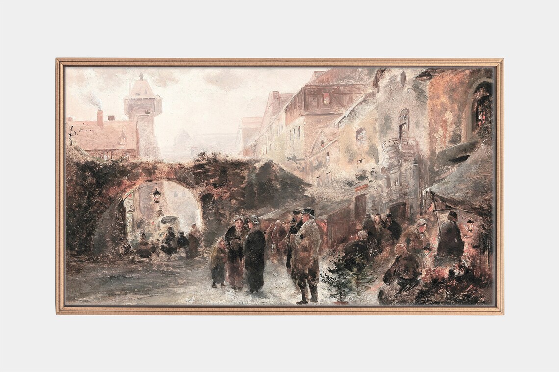 Old Town Christmas Market Crowd Under Stone Bridge Vintage Art Poster
