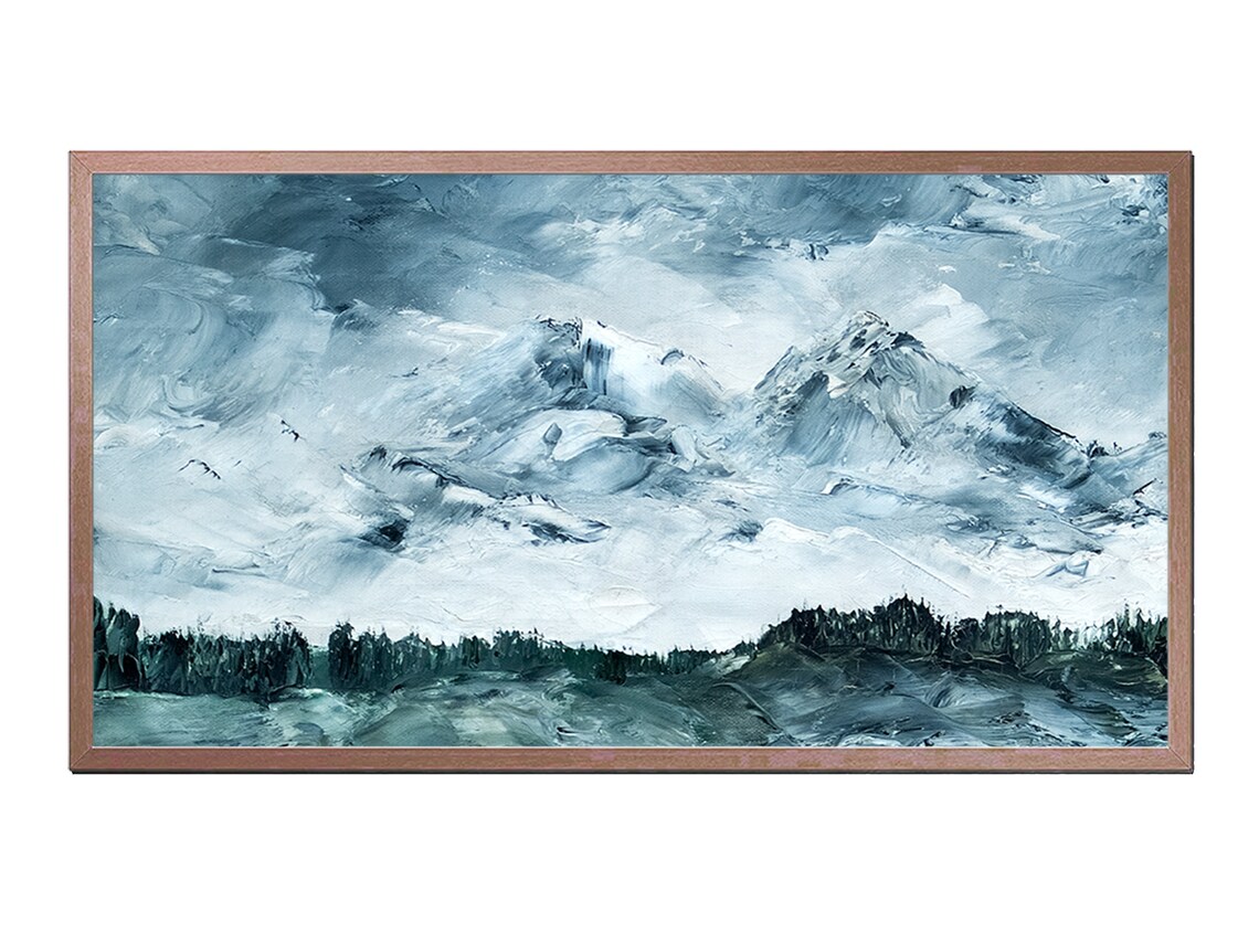 Abstract Blue Mountain Landscape Stormy Peaks Oil Painting Art Print