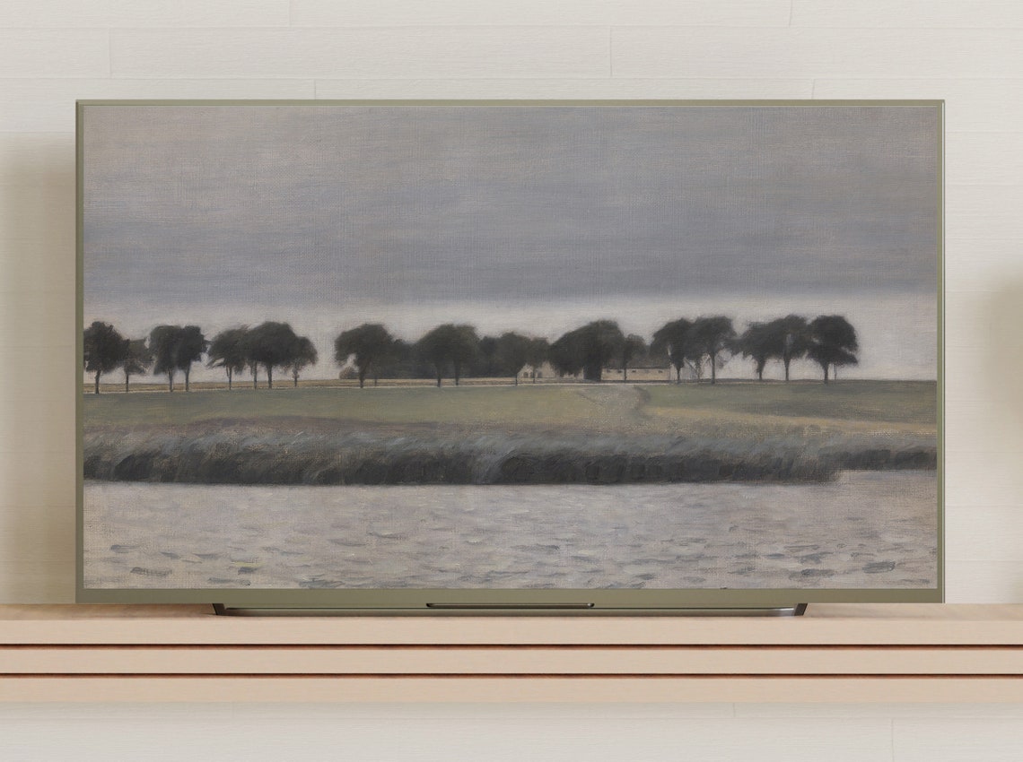 Dark Tree Line by Calm Water Muted Vintage Landscape Art Poster - Image 3