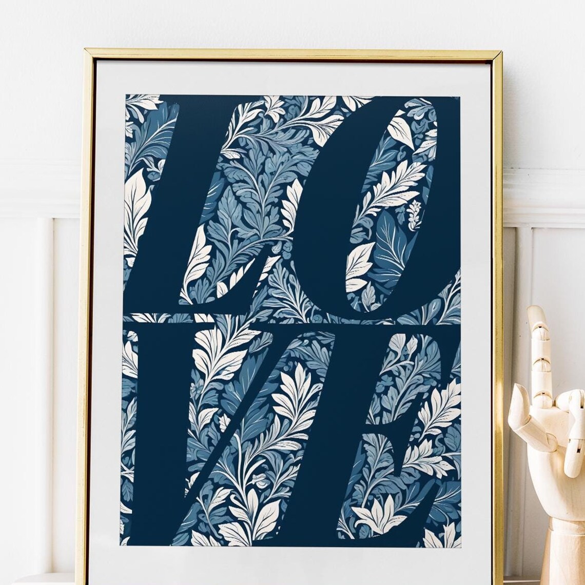 LOVE Typography Navy Blue Art Nouveau Floral Elegance Poster