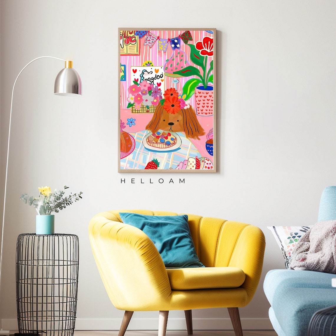 Good Dog Party Spaniel Flower Crown Cake Colorful Nursery Wall Art - Image 2