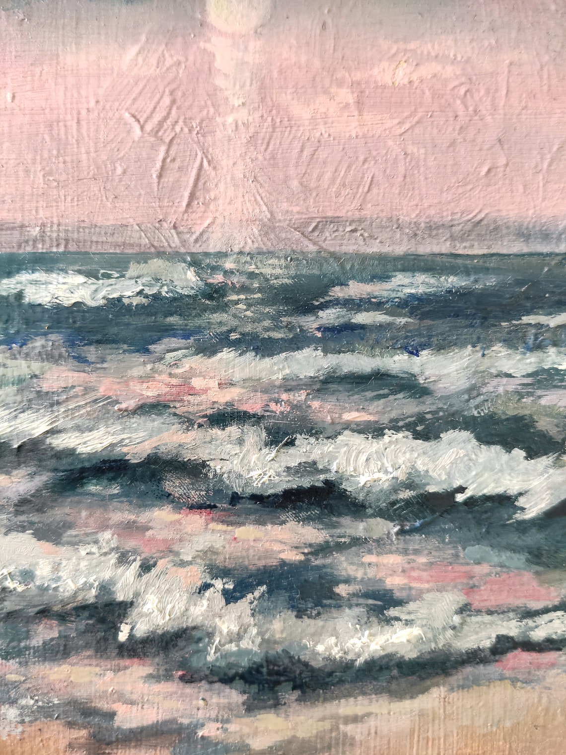 Moonlit Ocean Waves Pink Sunset Seascape Mini Artwork Poster - Image 2