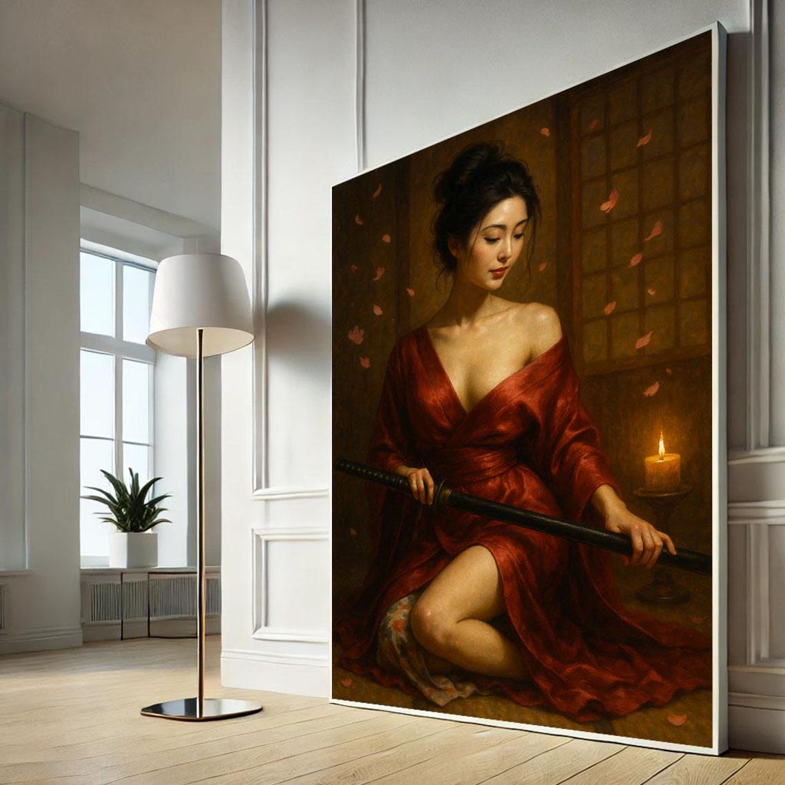 Woman In Red Silk Gown Holding Katana By Candlelight Portrait Poster