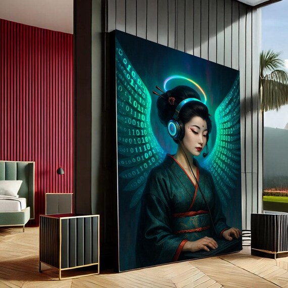 Cyberpunk Geisha Headphones Neon Halo Tech Binary Code Art Print
