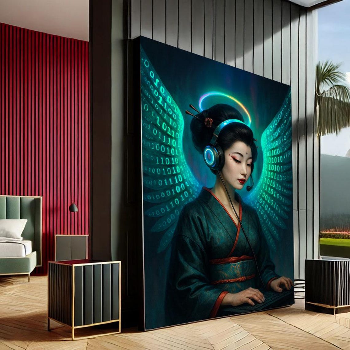 Cyberpunk Geisha Headphones Neon Halo Tech Binary Code Art Print