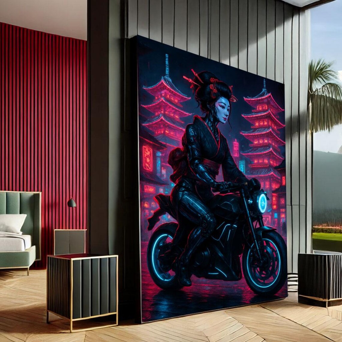 Futuristic Geisha On Motorcycle Canvas Wall Art Print Neon Cityscape Living Room Decor Statement Piece