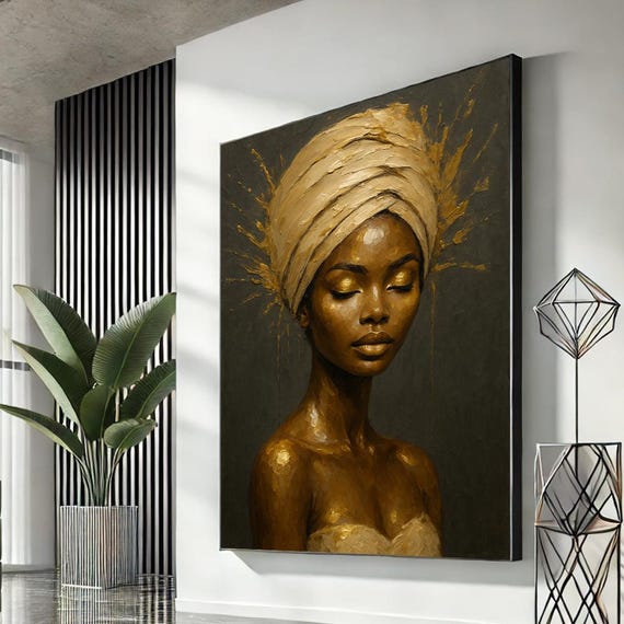 Black Afro Woman Canvas Art Golden Textured Portrait Serene Home Decor For Living Room Elegant