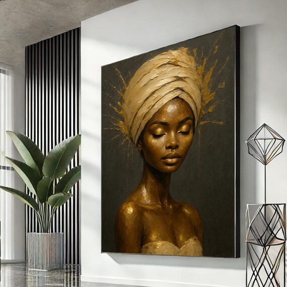 Golden Turban Woman Portrait Black Background Elegant Statement Art Poster