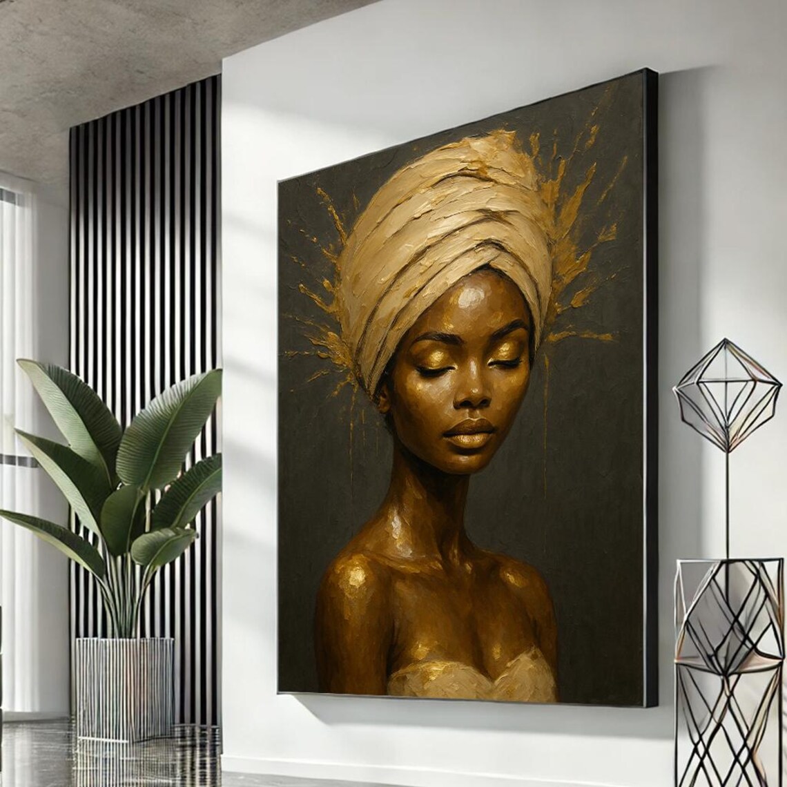 Golden Turban Woman Portrait Black Background Elegant Statement Art Poster