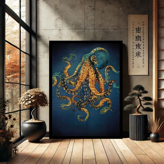 Golden Octopus on Deep Teal Gold Leaf Style Sea Life Art Print