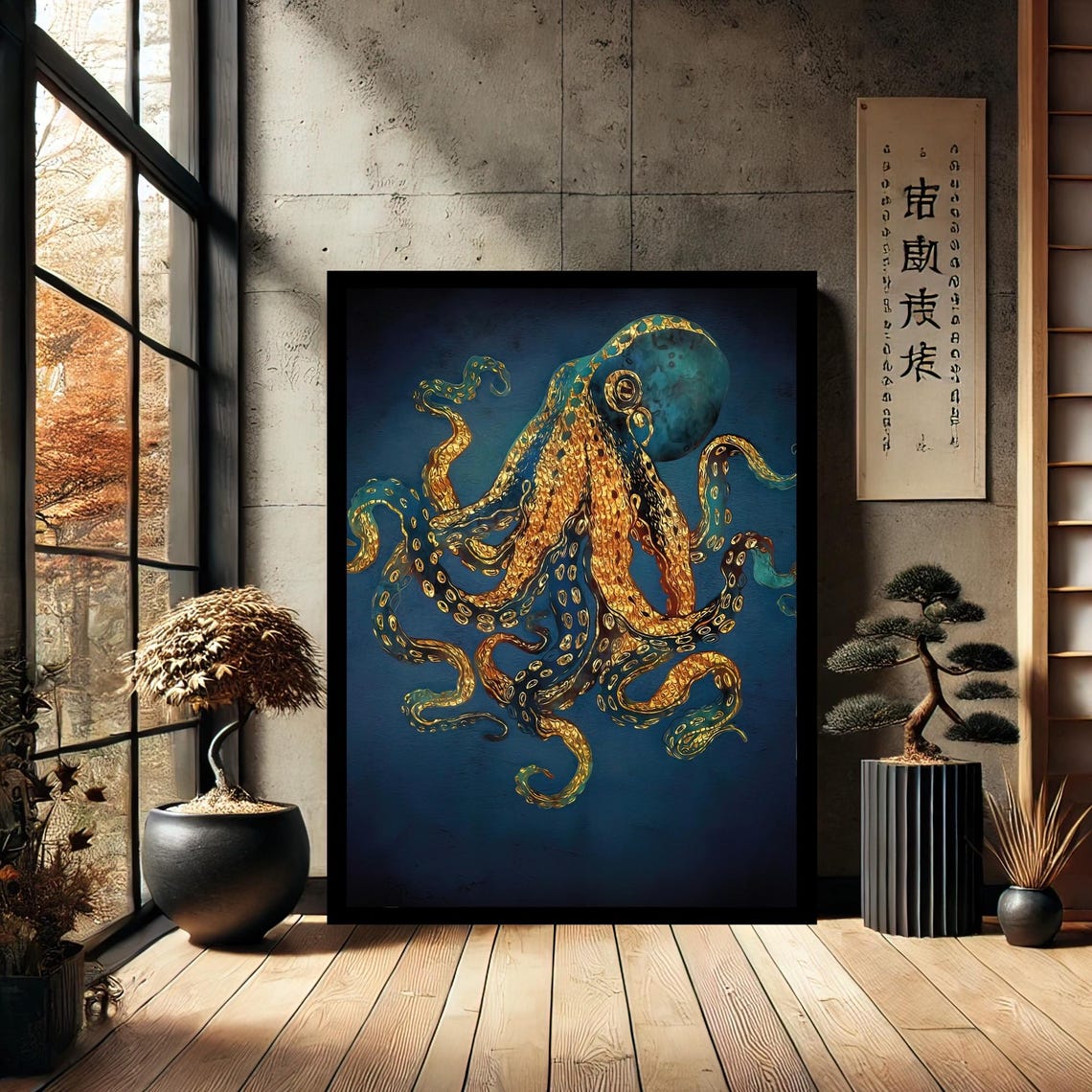 Golden Octopus on Deep Teal Gold Leaf Style Sea Life Art Print
