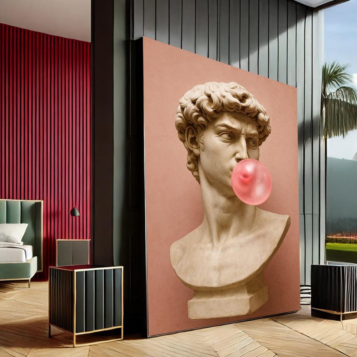 Michelangelo David Bust Blowing Pink Bubble Gum Pop Art Print