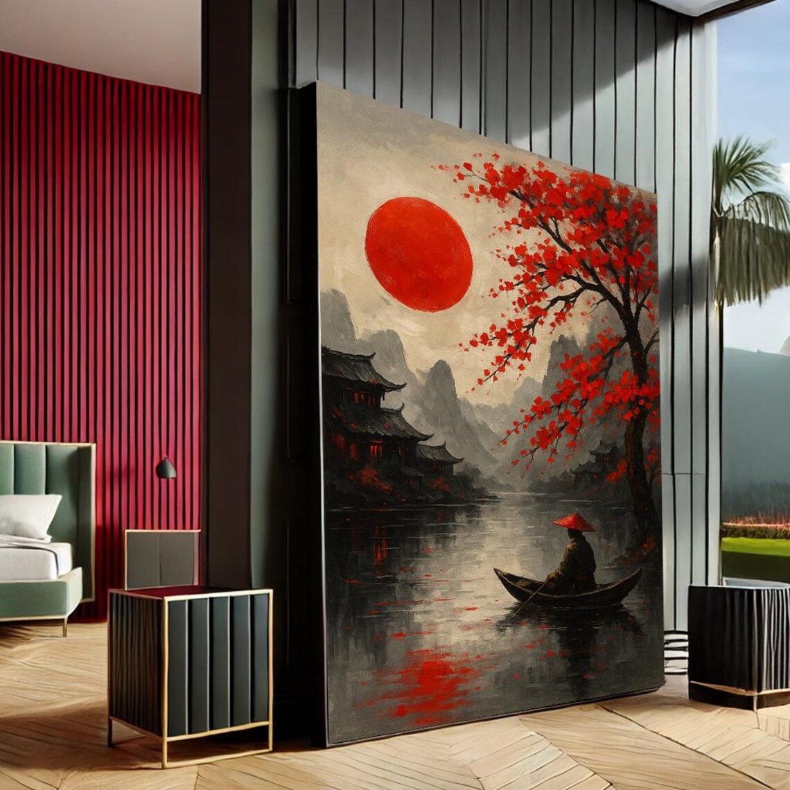 Japanese Red Sun Maple Lake Fisherman Boat Ink Painting Poster