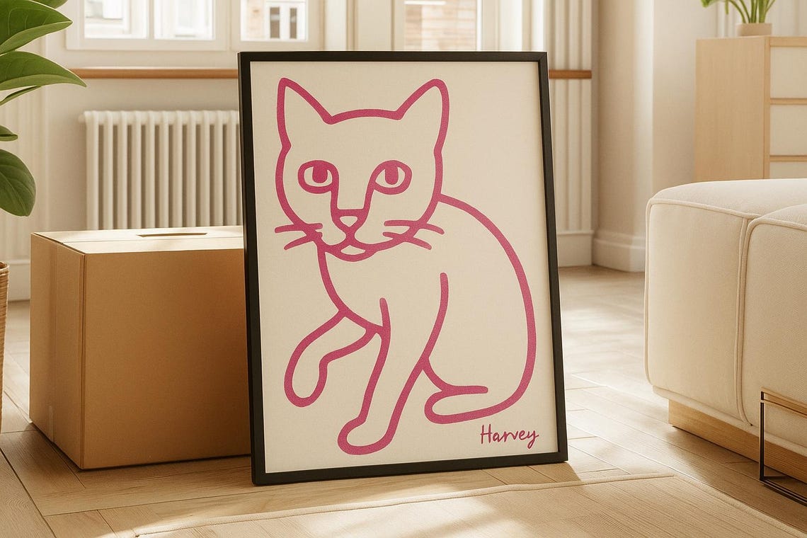 Playful Pink Line Drawing Cat Cute Minimalist Kitty Wall Art