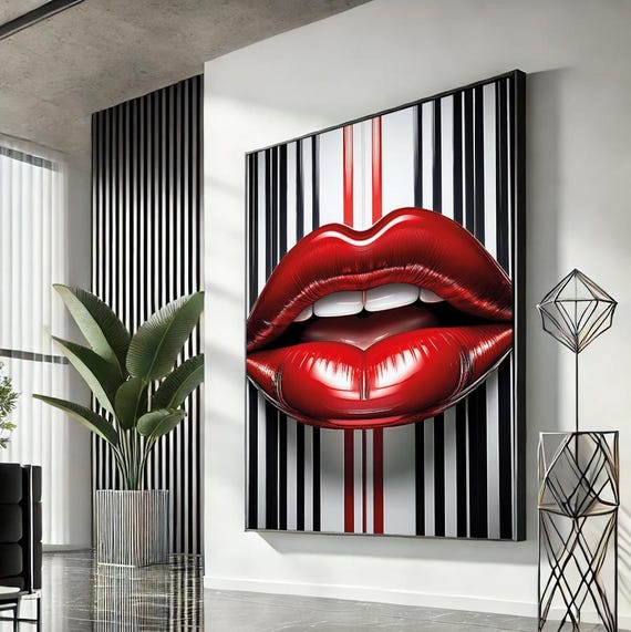 Woman Lips Pop Art Canvas Red Wall Modern Trendy Fashion Artwork Statement Home Accent Unique Gift For Lovers