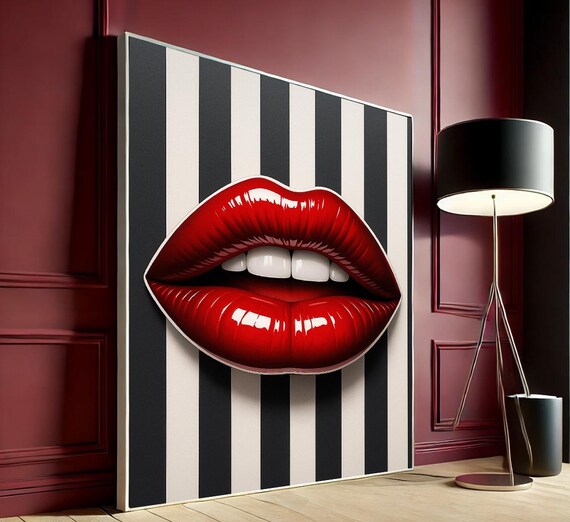Bold Glossy Red Lips Pop Art Black And White Stripes Art Print
