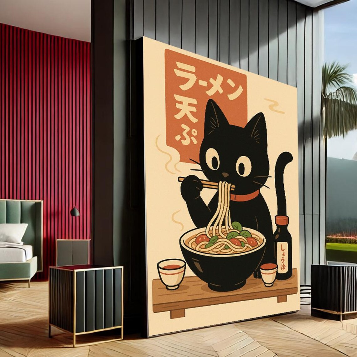 Playful Black Cat Eating Ramen Japanese Pop Art Canvas Kitchen Wall Print