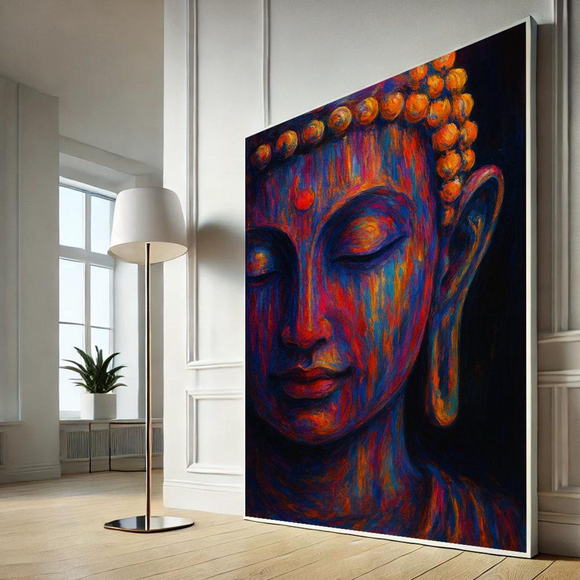 Serene Buddha Portrait Canvas Wall Art Print Vibrant Abstract Living Room Decor Statement Piece
