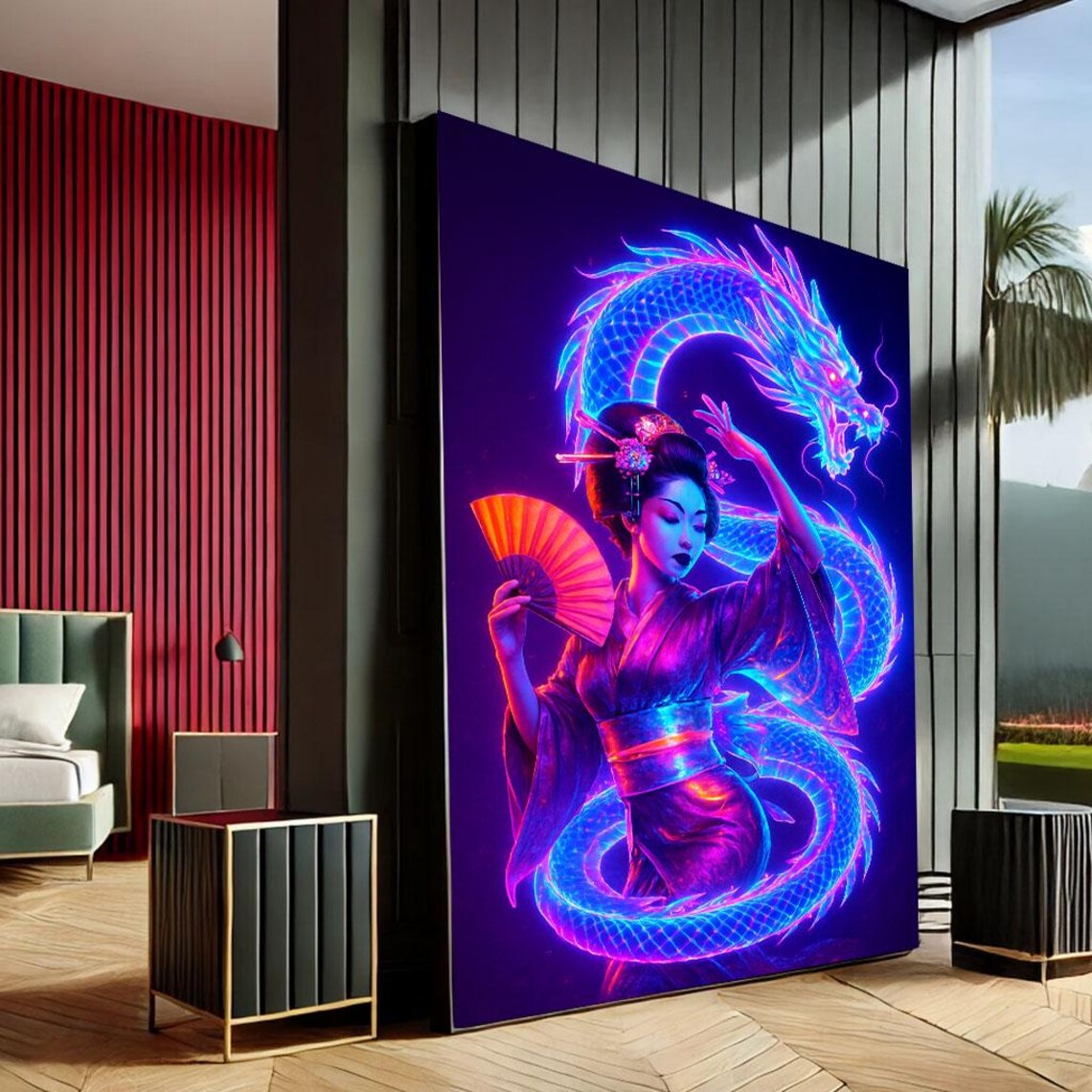 Neon Geisha With Glowing Blue Dragon Fan Cyberpunk Japanese Art Print
