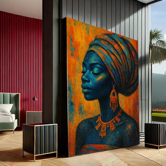 Bold Blue Woman Portrait Orange Turquoise Abstract Canvas Art Print