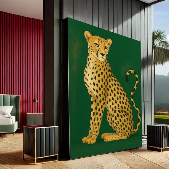 Bold Cheetah Modern Canvas Wall Art Print Green Gold Living Room Decor Statement Piece