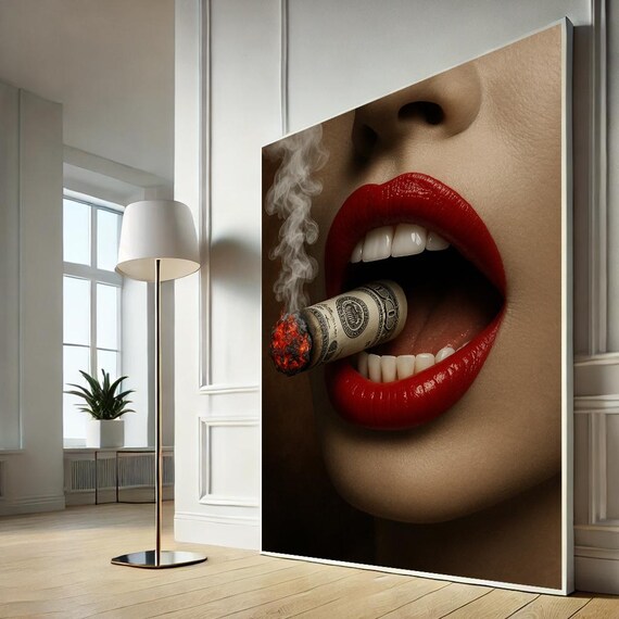 Red Lips Burning Dollar Bill Pop Style Edgy Modern Statement Wall Art