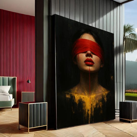 Empowering Blindfolded Woman Modern Canvas Wall Art Print Red Gold Bedroom Decor Statement Piece