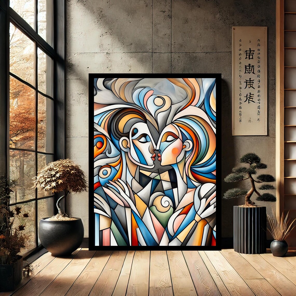 Cubist Kissing Couple Embracing Faces Colorful Abstract Art Poster
