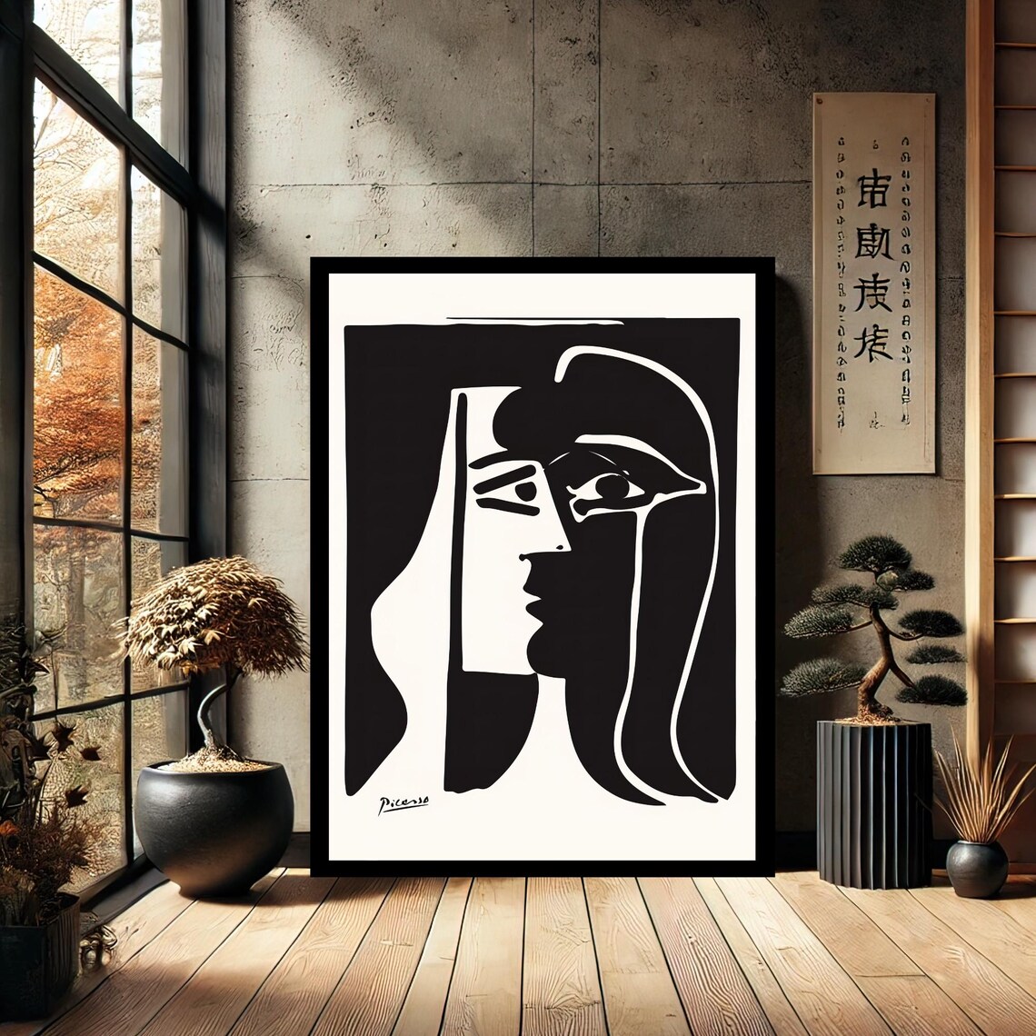 Picasso Style Black And White Cubist Woman Face Line Art Poster
