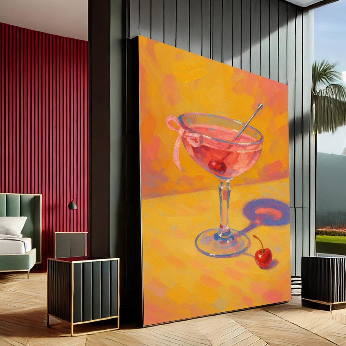 Vibrant Pink Cocktail Coupe Cherry On Bold Orange Bar Art Poster