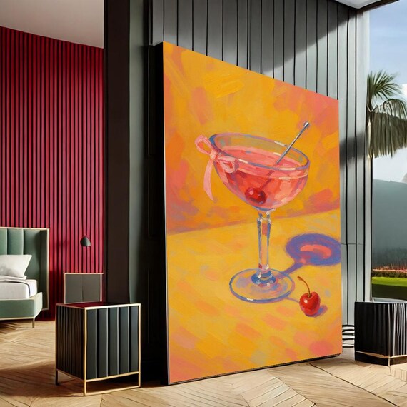 Vibrant Pink Cocktail Coupe Cherry On Bold Orange Bar Art Poster