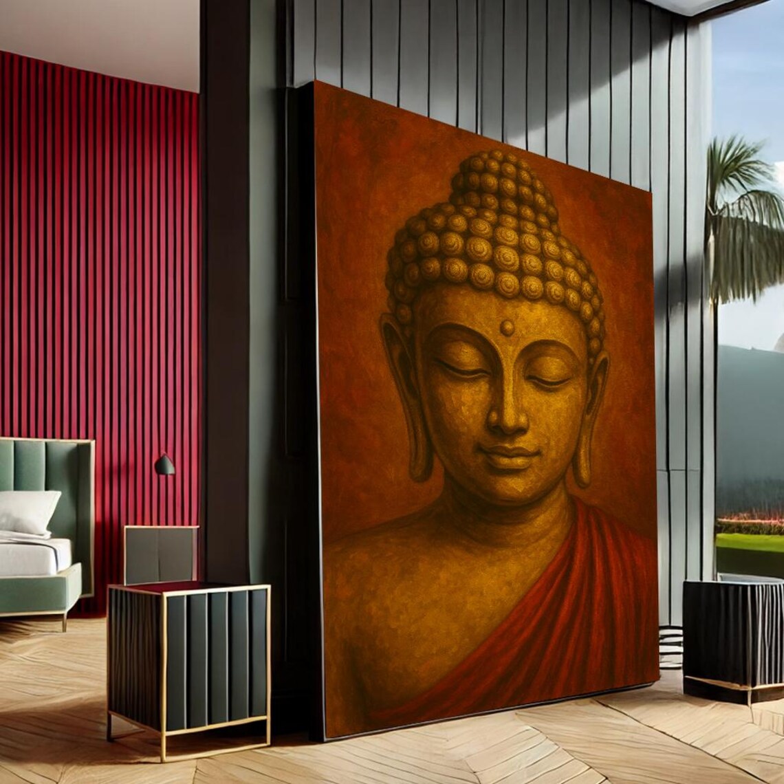 Golden Buddha Serene Meditation Traditional Red Background Poster