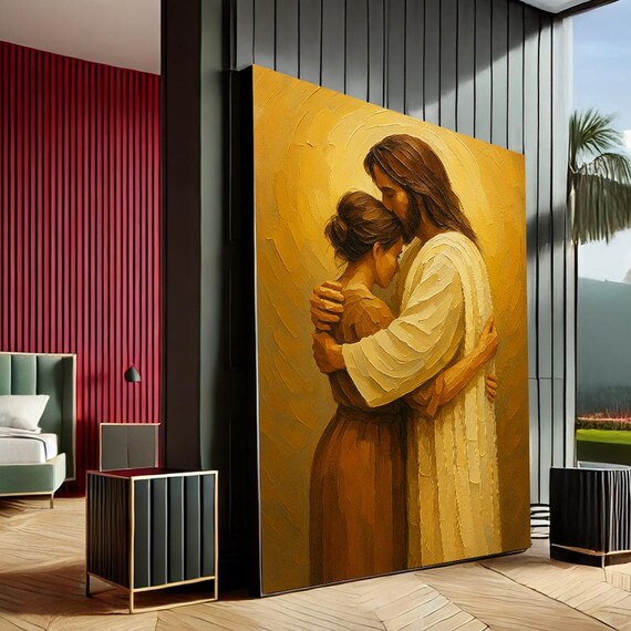 Jesus Embracing Believer Golden Impasto Christian Comfort Poster