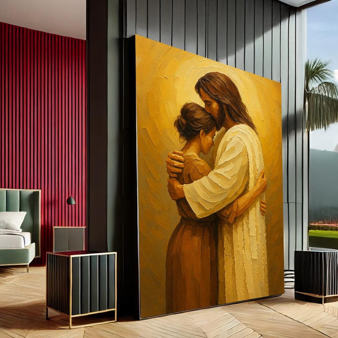 Jesus Embracing Believer Golden Impasto Christian Comfort Poster