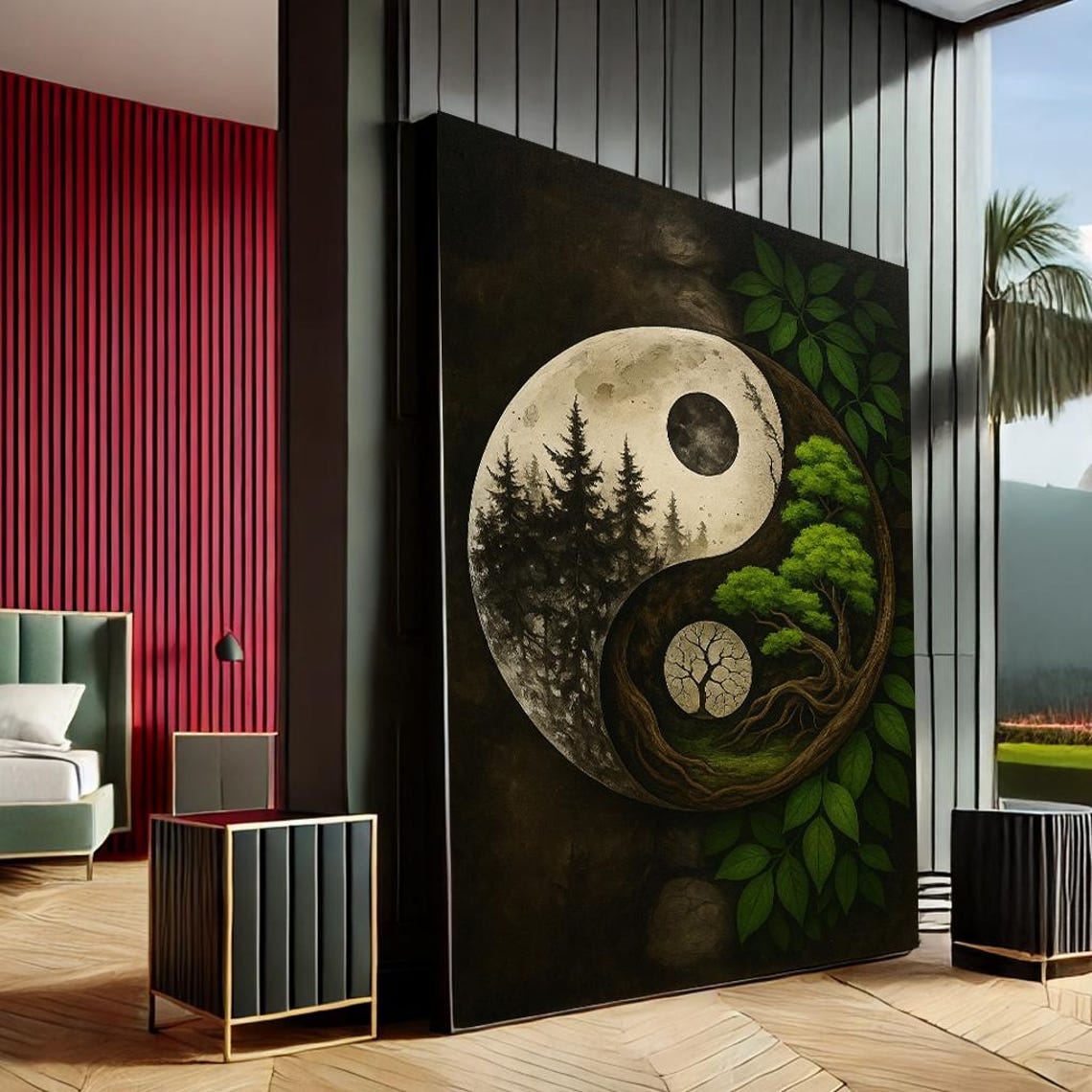 Yin Yang Moonlit Pine Forest and Green Tree Nature Balance Art Poster