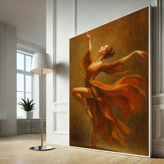 Ballerina in Motion Rust Orange Dress Warm Tones Dance Canvas Wall Art