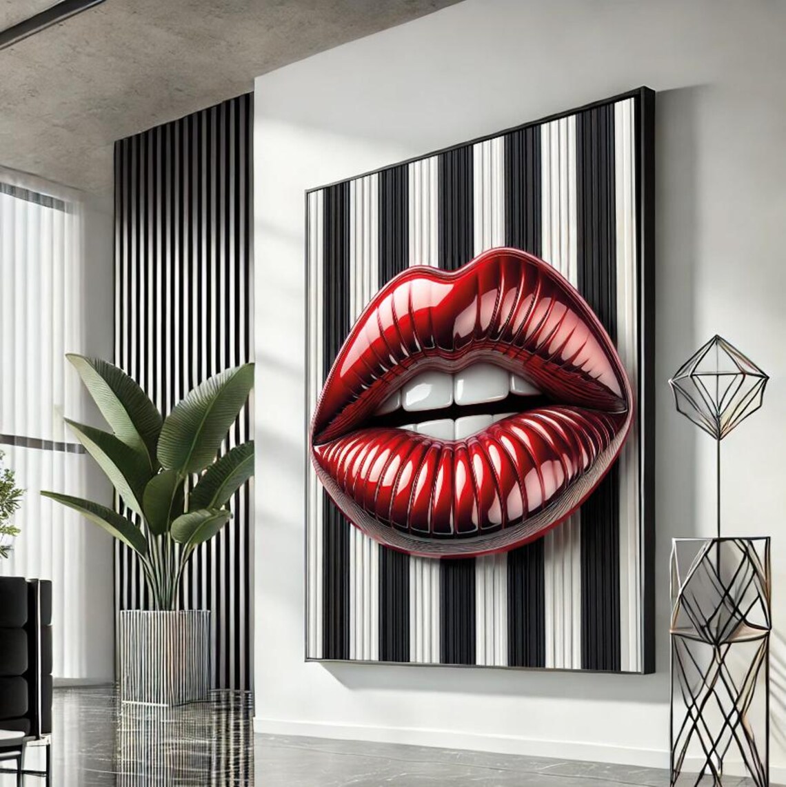 Glossy Red Lips on Pinstripe Background Pop Art Fashion Poster