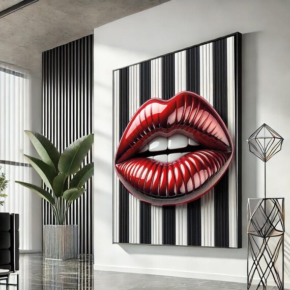 Glossy Red Lips on Pinstripe Background Pop Art Fashion Poster