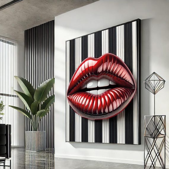 Woman Lips Pop Art Canvas Red Wall Modern Trendy Fashion Artwork Statement Home Accent Unique Gift For Lovers