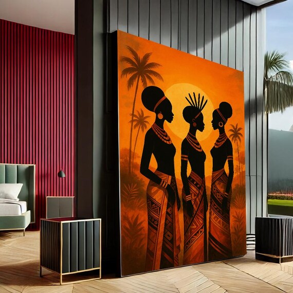 Three African Women Sunset Silhouettes Palm Trees Canvas Print