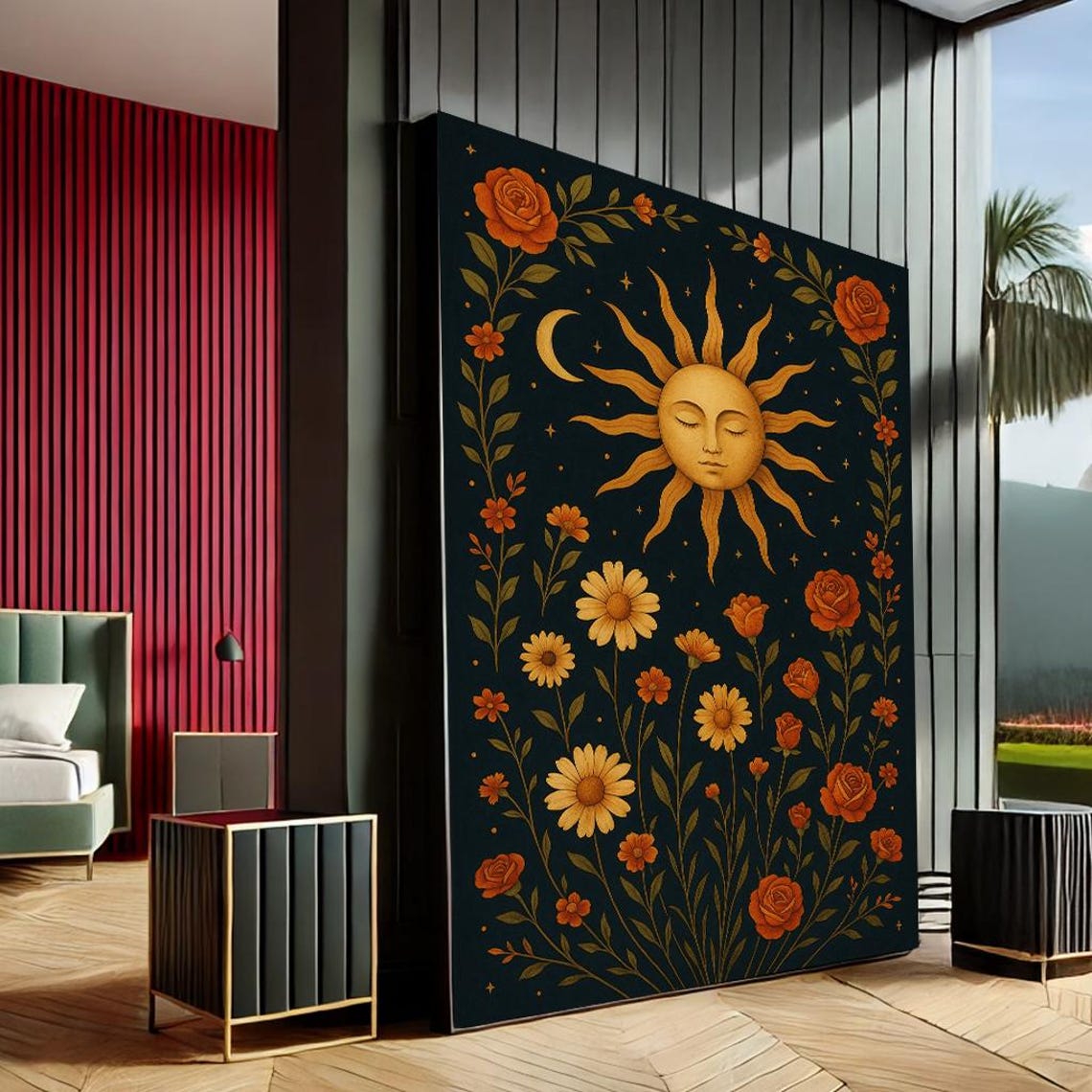 Celestial Sun Moon Floral Boho Botanical Black Gold Canvas Poster