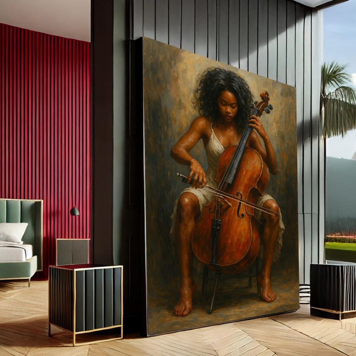 Woman Playing Cello Earthy Realist Music Painting Large Art Print