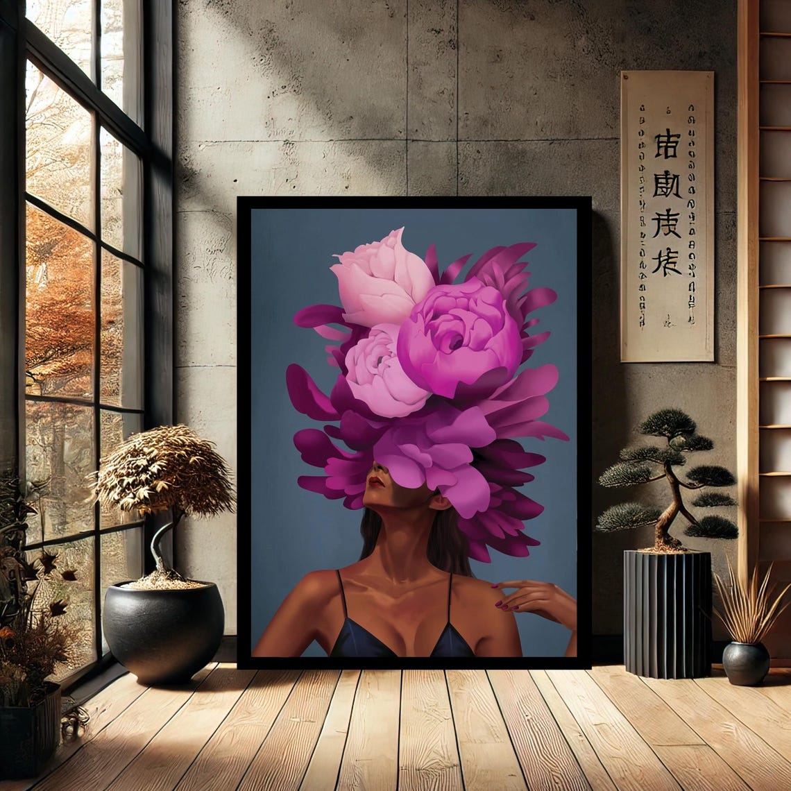 Woman with Giant Pink Peony Blossoms Covering Her Face Art Print