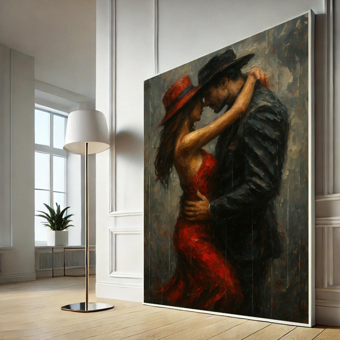 Romantic Couple Dance Painting Poster in Red Dress Passionate Embrace