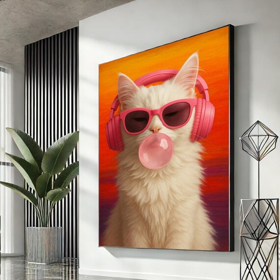 Cool Cat Pink Headphones Bubblegum Sunset Funny Whimsical Wall Art