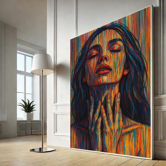 Colorful Abstract Woman Portrait Vibrant Streaked Paint Canvas Art Print