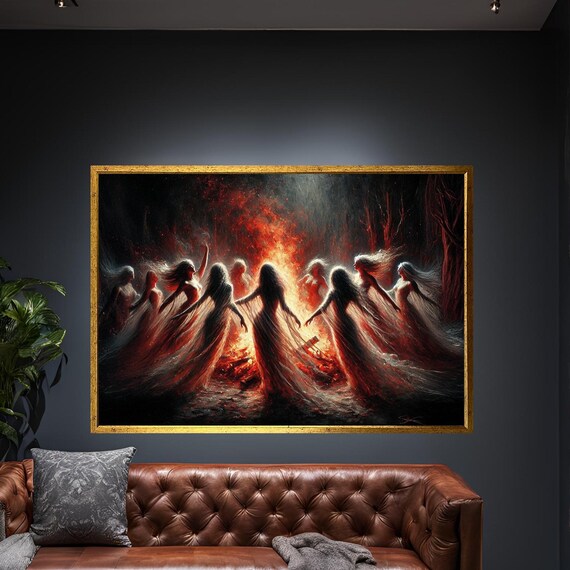 Mystical Fire Dance Canvas Wall Art Enchanted Witches Ritual Large Framed Decor Bohemian Magic Gift Gothic Witchy